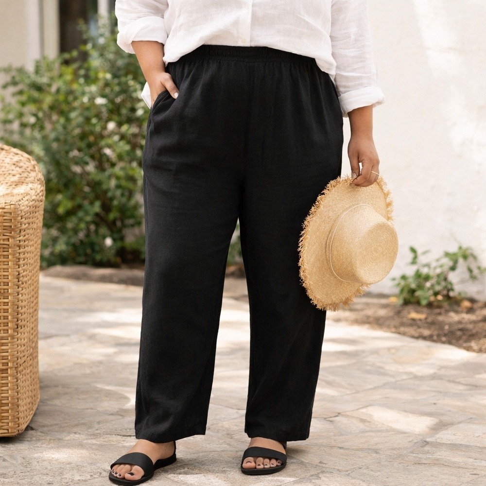 Old Navy High-Rise Straight Pants Women XXL Black Linen Blend Comfort Coastal